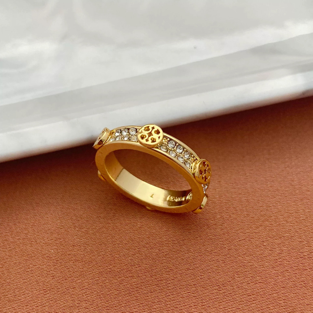 Tory Burch Rhinestone Hollow Letter Geometric Round Metal Ring
